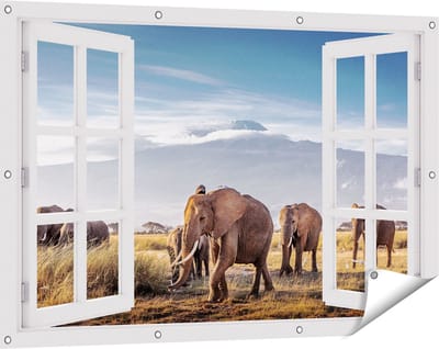 Gards Tuinposter Doorkijk Groep Olifanten Lopen voor de Bergen - 120x80 cm - Tuindoek - Tuindecoratie - Wanddecoratie buiten - Tuinschilderij