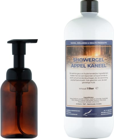 Zeepdispenser 300 ml amber bruin hervulbaar + 1 liter Showergel Appel-Kaneel navulling