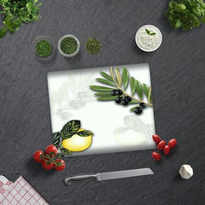 Olijven en Citroen Tempered Glas Snijplank 29cm x 34cm - Glassnijplank