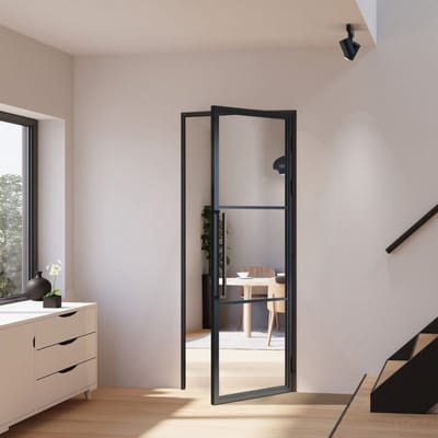 Schulte complete glazen binnendeur - 77x201 - atelier - mat zwart - helder - 3 vakken- tirant gauche