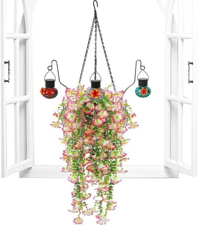 Kunstbloemen met vogelhuisje - Buitenplanten decoratie - Tuin versieren - UV- en regenbestendig - 27.5 cm afmeting - Meerkleurig
