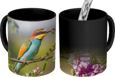 Magische Mok - Foto op Warmte Mokken - Koffiemok - Vogel - Bijeneter - Bloemen - Magic Mok - Beker - 350 ML - Theemok