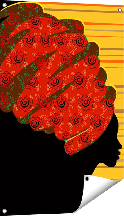 Gards Tuinposter Afrikaanse Vrouw met Bloemen Tulband - Abstract - 60x90 cm - Tuindoek - Tuindecoratie - Wanddecoratie buiten - Tuinschilderij