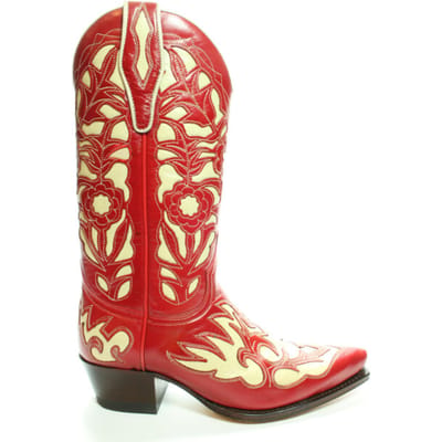 Sendra Boots 5529 Rood Dames Western Bohemian Ibiza Laarzen Judi Spitse neus Rechte Hak Bloemmotief Treklussen Echt Leer Maat 36