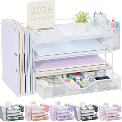 Papieren Brievenbakorganizer met Lade en Pennenhouder - 4-laags Bureauaccessoire voor Kantoor en Werkruimte