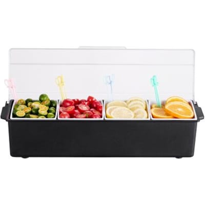 VEVOR Gekoelde Kruidencontainer Ingrediëntencontainer met 4 compartimenten (800 ml x 4) Displaystandaard met deksel Pizzastation Pizzatoppingstation Fruitbox Serveertaco's Salade Fruit