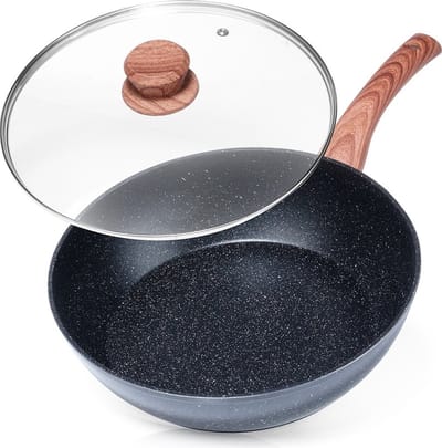 Koekenpan Graniet met Glazen Deksel BLACK&WOOD 28 cm, 3,5 l - Multifunctionele Pan voor Vlees - Groenten