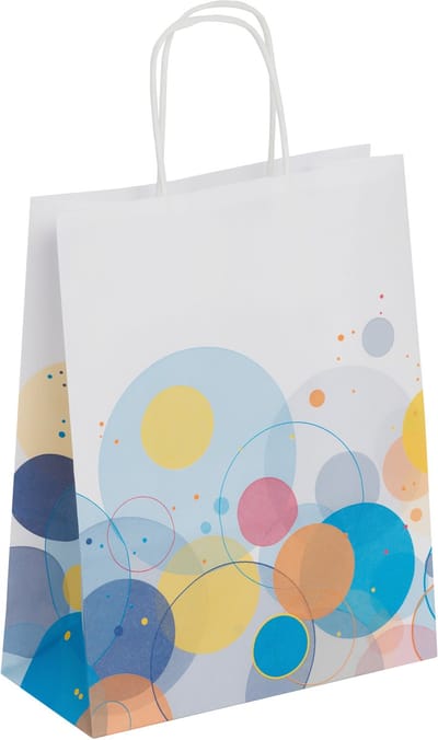 50 kleine papieren cadeautasjes met handvat 18x8x22cm "Bubbeltjes" in wit/ tassen Kraft Papier Tasjes met gedraaid handgrepen / Zakjes / Verjaardag - Feest - Huwelijk/Lente Zomer KLEURRIJK BUBBELDESIGN