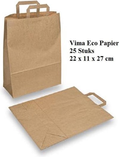 Vima Eco-Kraft Papieren Tas | Draagtas Klein | 25 stuks | Wegwerp | Zakken| Milieuvriendelijk | Biologisch Afbreekbaar | Winkeltas | 22x11x27cm