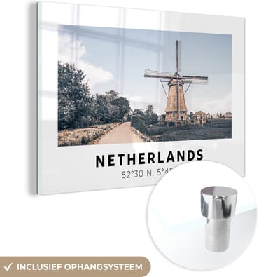 MuchoWow® Glasschilderij 120x80 cm - Schilderij acrylglas - Nederland - Windmolen - Zomer - Foto op glas - Schilderijen