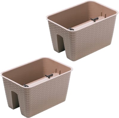 Balkon plantenbak Ratolla - 2x - kunststof - voor reling/balustrade - taupe - 40 cm - rotan look - tuin bloempotten