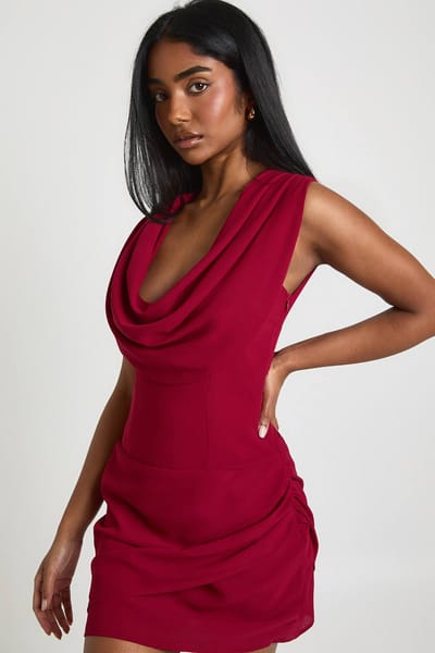 boohoo Dames Chiffon Waterval Hals Mouwloze Sjaal Hals Mini Jurk | Dark Cherry | Maat: 36