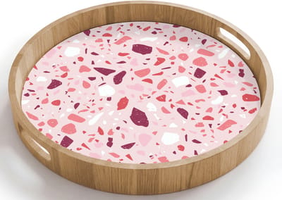 Dienblad rond 40x40 cm - Schootdienblad hout - Terrazzo - Patroon - Roze - Borrelplank rechthoek - Plateau houten dienbladen