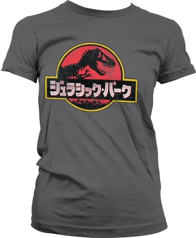 Jurassic Park Dames-T-shirt met verweerd Japans logo in meisjesachtige stijl, donkergrijs