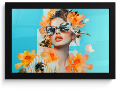 Poster in lijst - Fotolijst 30x20 cm - Posters - Bloemen - Vrouw - Zonnebril - Blauw - Posterlijst zwart - Decoratie - Wanddecoratie woonkamer - Muurdecoratie slaapkamer