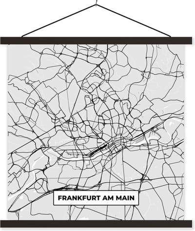 Posterhanger incl. Poster 60x60 cm - Schoolplaat - Stadskaart - Duitsland - Kaart - Plattegrond - Frankfurt Am Main - Textielposter - Zwarte latten - Stadskaart