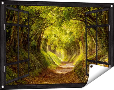 Gards Tuinposter Doorkijk Pad in het Bos met veel Bladeren - 90x60 cm - Tuindoek - Tuindecoratie - Wanddecoratie buiten - Tuinschilderij