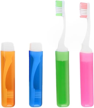 Set van 4 Opvouwbare Reiskauwgom met Zachte Haren voor Kinderen en Volwassenen, Ideaal voor Kamperen en Mondverzorging (Roze, Blauw, Groen, Oranje)