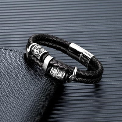 Vintage Vikings Kompas Meerlaagse Echt Lederen Armband Mannen Roestvrij Staal Norse Runen Valknut Armband Scandinavische Sieraden 19cm gray