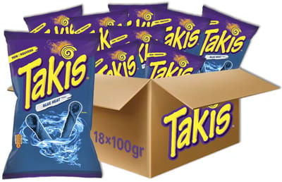 18 x Takis Blue Heat Chips 100 g | Heet & pittig Mexicaans snack | Chili Tortilla Chips | Krokant, vegan & intens blauw | Perfect voor feestjes Met Kajal Sticker