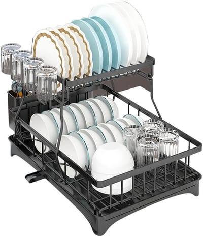 Droogrek Keuken - Afdruiprek met bak - Keukengerei Drogen - 2-laags met toebehoren - 49x30x34cm - Zwart