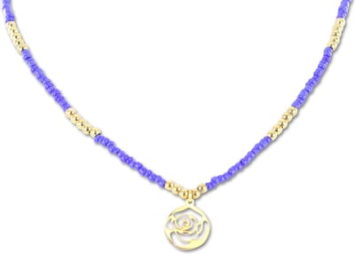 CO88 Collection 8CN-26284 Stalen Ketting met Kralen - Dames - Goudkleurig - 3 mm - Blauw - 2,5 mm - Roos - 12 mm - Lengte 38 + 7 cm