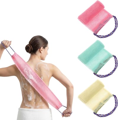 3 Stuks Exfoliërende Net Spons met Handvatten voor Douche, Rugschrobber voor Lichaamsverzorging en Badervaring, Ideaal voor Peeling en Reiniging van de Huid