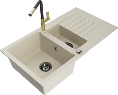 Mexen Matias granieten spoelbak 1,5-komors met afdruiprek en keukenkraan Flora, beige - 6502-69-670401-57-B