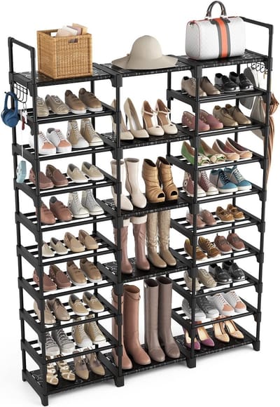 10-laags Schoenenrek voor de Entree - Ruimtebesparend Metalen Schoenenrek voor 54-62 Paar Schoenen met Haken