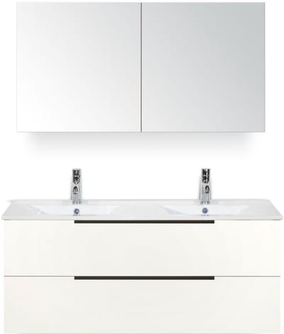 Seville Badmeubelset 120 cm - 2 Laden Wit Hoogglans Edge - Wastafel Enjoy Dubbel met Spiegelkast