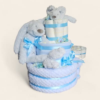 Luiertaart 3 laags blauwe met Rabbit Richie – Perfect Kraamcadeau