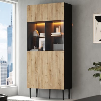 PHOEBE CAT Vitrinekast - Opbergkast - Glazen deuren - LED-verlichting - 80 × 35 × 180 cm - Naturel + Zwart