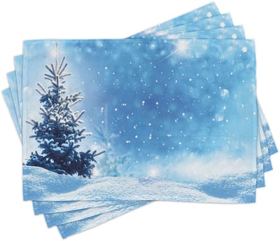 ABAKUHAUS Winter-placemats: artistieke weergave van het besneeuwde seizoen met bevroren dennen-sneeuwvlokken die naar beneden vallen; tafeldecoratie van kleurvaste stof voor eetkamer en keuken, wit/blauw