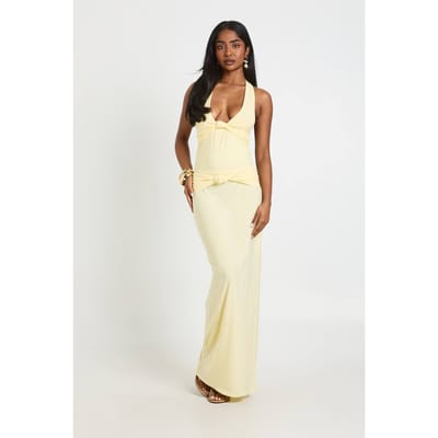 boohoo Dames Dubbele Laag Slinky Knoopdetail Maxi Rok | Citroen | Maat: 36