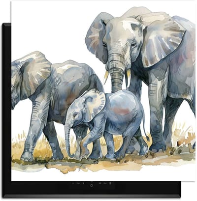 KitchenArt - Elephant Family - Inductie Beschermer - 59x52 cm - Kookplaat Beschermer - Luxe Afdekplaat Inductieplaat - Anti-slip & Oprolbaar - Beschermmat Inductiekookplaat