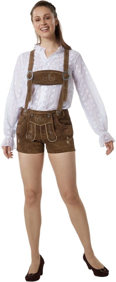 dressforfun Dames Lederhosen Josie - Echt Leer - Oktoberfest Kleding Vrouw - Vrouwenkostuum - 34 - Verkleedkleding - Duitse Klederdracht - Carnavalskleding - Traditionele Leren Broek - Klederdrachtbroek