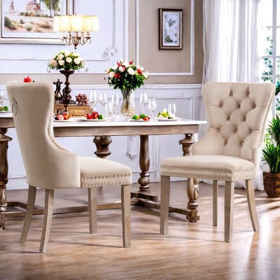 Eetkamerstoelen Set van 2, Beige Fluweel Stoelen met Knopdetails, Nagelranden en Trekring, Houten Poten, Belastbaar tot 150 kg