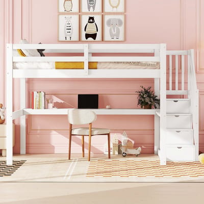 MEUNIQ Kinderhoogbed 140 x 200 cm met bureau en opberglades Wit