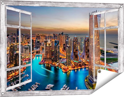 Gards Tuinposter Doorkijk Dubai Haven met de Stad - 90x60 cm - Tuindoek - Tuindecoratie - Wanddecoratie buiten - Tuinschilderij