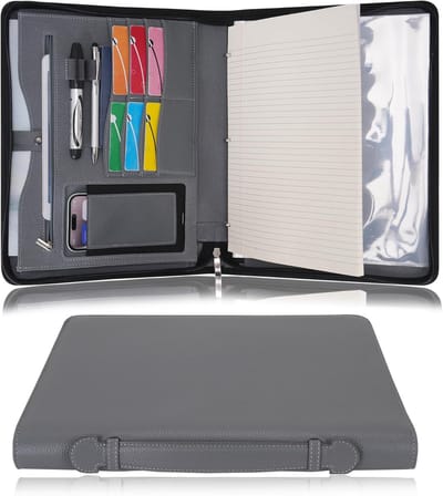 Reis Portfolio met Ritssluiting 3-Rings Ordner A4 Padfolio Documentenmap met Uitneembaar Klembord Legal Pad Houder, Zakelijke Kantoor School Organizer voor Mannen en Vrouwen (Grijs)