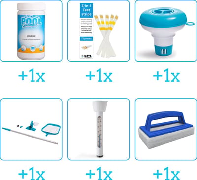 Zwembad Onderhoudspakket - Onderhoud Zwembad - bevat Chloor - Testrips - Chloordrijver - Schoonmaakset - Thermometer en Scrubborstel (6-delig)