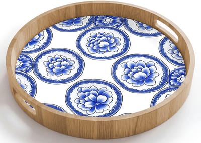 Dienblad rond 40x40 cm - Schootdienblad hout - Cirkels - Bloemen - Blauw - Borrelplank rechthoek - Plateau houten dienbladen