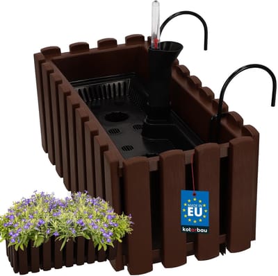 KOTARBAU® Balkonbak, Bloembak voor Balkon, Kunststof, 38 x 18 x 16 cm, Bruin, Balkonbak met Houder, Zelfbewaterend Systeem, Balkon Plantenbak, Weerbestendige Plantenbak