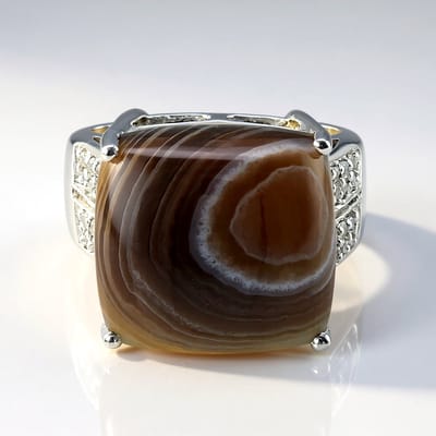 Cavill - 925 Sterling Zilveren Ring - Botswana Agaat 11 8 ct - 24 Witte Topaas Pavé 0 216 ct - Vintage Damesring