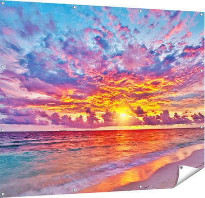 Gards Tuinposter Zonsondergang op het Strand in de Malediven - 150x120 cm - Tuindoek - Tuindecoratie - Wanddecoratie buiten - Tuinschilderij