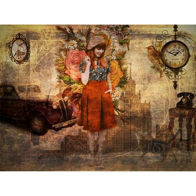 Fille et horloge 5d bricolage diamant broderie pleine peinture de diamant rond 20X30CM beige