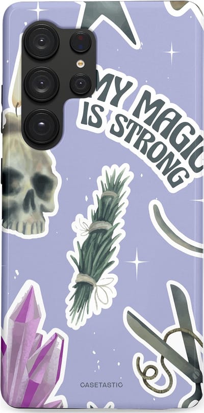 Casetastic hoesje geschikt voor Samsung Galaxy S25 Ultra - Dubbellaagse bescherming - Lila Paarse Hekserij Strong Magic Sterren Collage - Fashion Case - Lila Lichtgrijs Wit