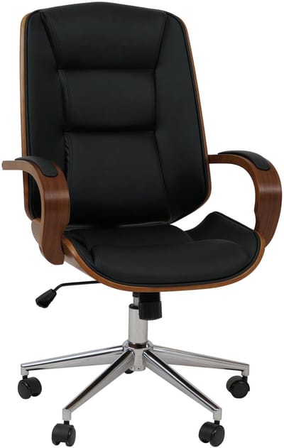 Bureaustoel MCW-O83, draaistoel directiestoel, kunstleer (280 g/m²) gebogen hout MVG-gecertificeerd walnootlook ~ zwart