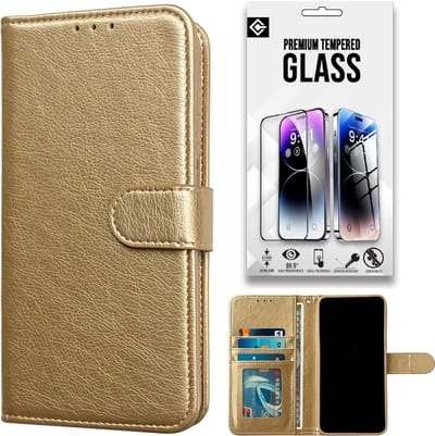 Casemania Hoesje en Glas Geschikt voor Samsung Galaxy A17 5G - Goud - Luxe Portemonnee Book Case met Pasjeshouder - Wallet Case Telefoonhoesje - 1x Tempered Glazen Screenprotector