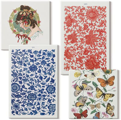 Wallfluent Set van canvas schilderijen - Vintage bloemen, vlinders en ornamenten posters Canvas Schilderijen Set - Set van 4 Canvas Schilderijen - Veelkleurig Set van Canvas Prints - Natuur Canvas Kunst Set - Boheemse Canvas Kunst Set